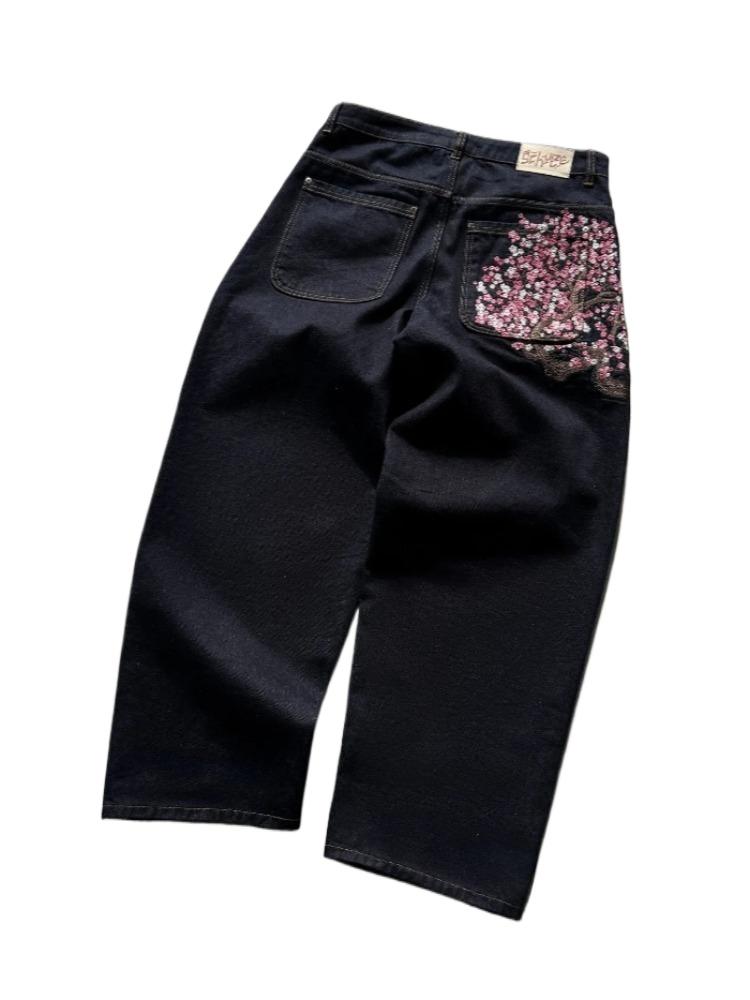 Cherry Blossom Selvedge Embroidery Denim Pants Y2k Retro Casual Baggy Straight Wide Leg Jeans High Quality Hiphop Streetwear