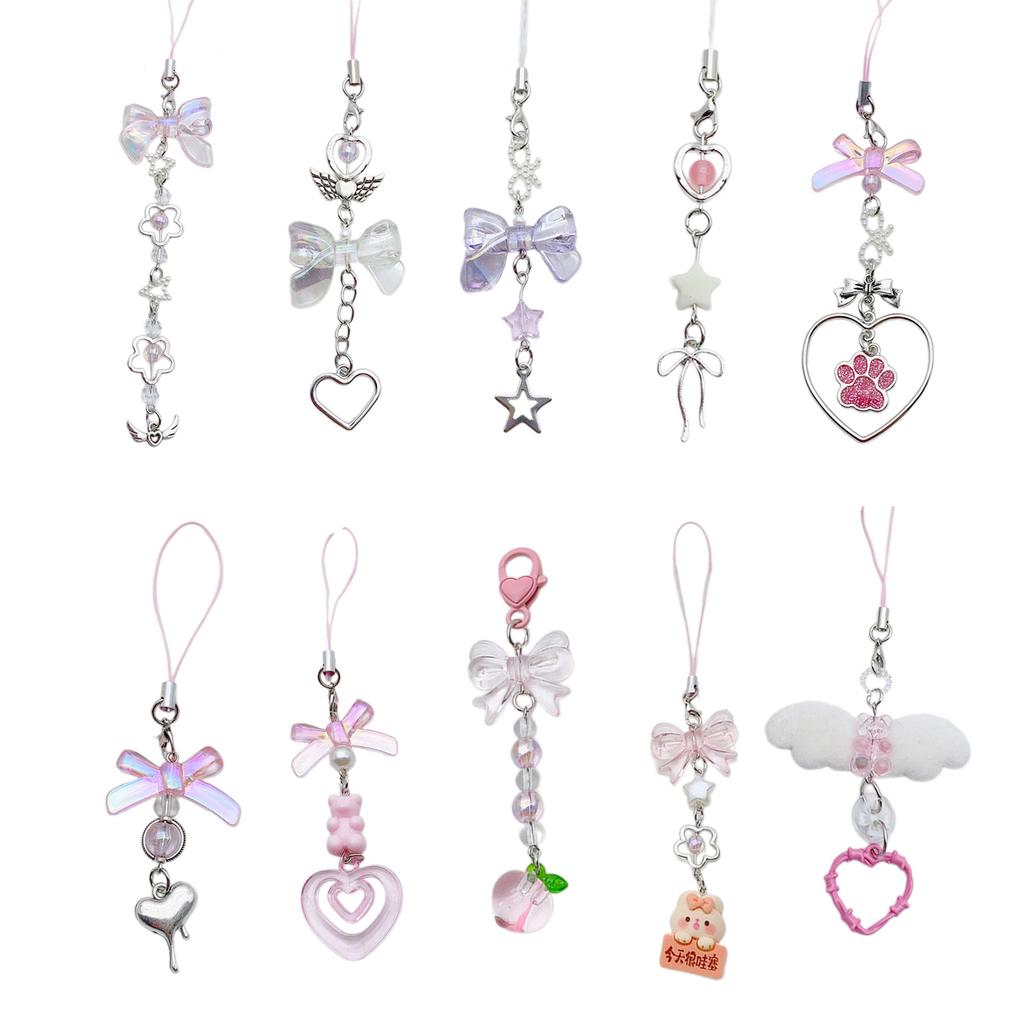 Butterfly Knots Heart Phone Lanyard Bow Phone Chain Wrist Straps Beaded Cellphone Straps Colorful Keychain Ornament