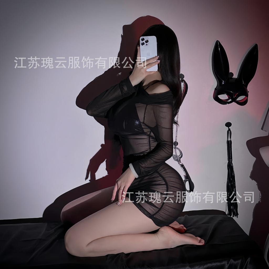 Sexy Underwear Shoulder-leaking Long-sleeved Mesh See-through Hip-wrapped Dress, Hot Sexy Uniform, No-temptation Outfit