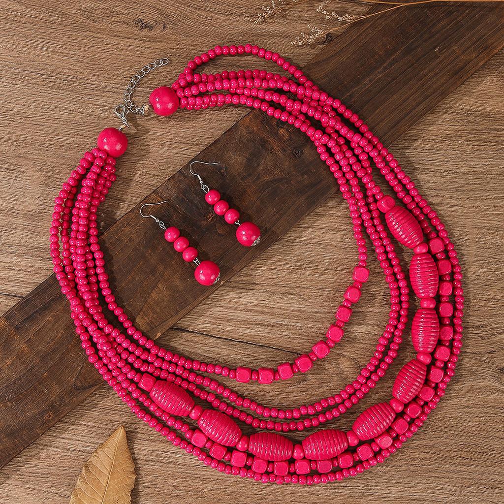 Set di Collana e Orecchini in Perline di Legno Geometriche Bohemien per Feste