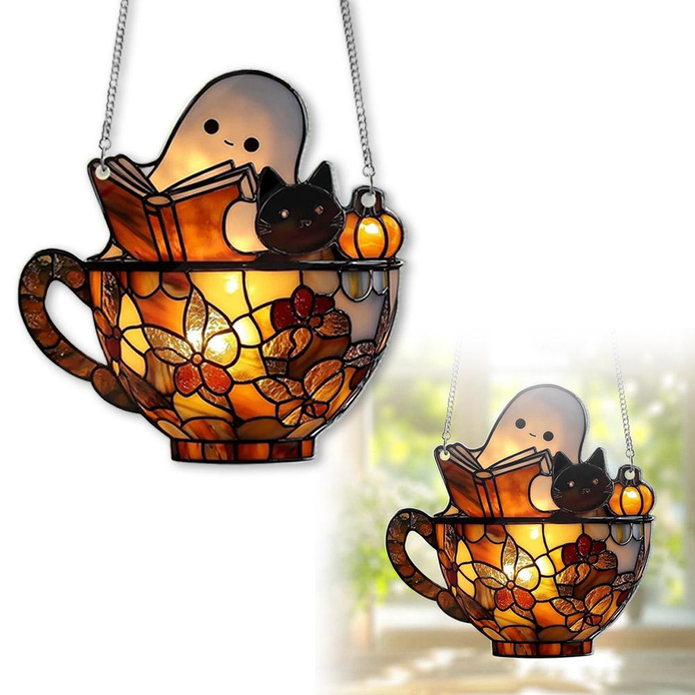 Halloween Ghost Reading Book Suncatcher Hanging Decor Acrylic Window Hanging Ornament Colorful Shadow Home Decorations