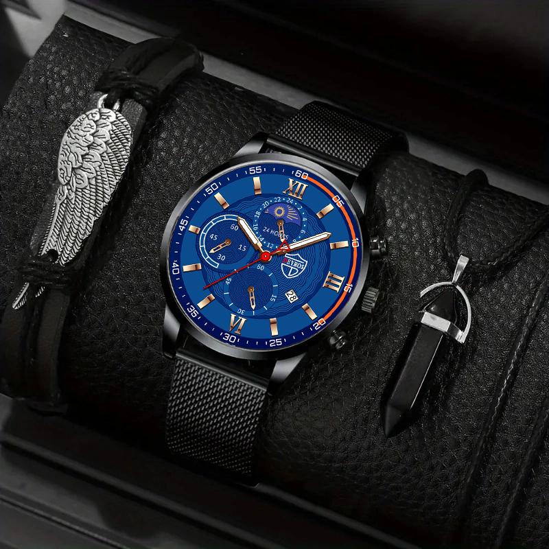 

3 шт./набор, 1 шт. повседневные мужские спортивные кварцевые часы с сетчатым ремешком из нержавеющей стали, 1 шт. браслет и 1 шт. ожерелье с