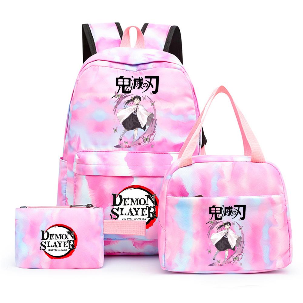 3 st/set Anime Demon Slayer Tryckt Ryggsäck med Matlåda Pennfodral för Tonåring Tillbaka till Skolan Stor Kapacitet Vattentät Skolväska Flickpojke Gåva