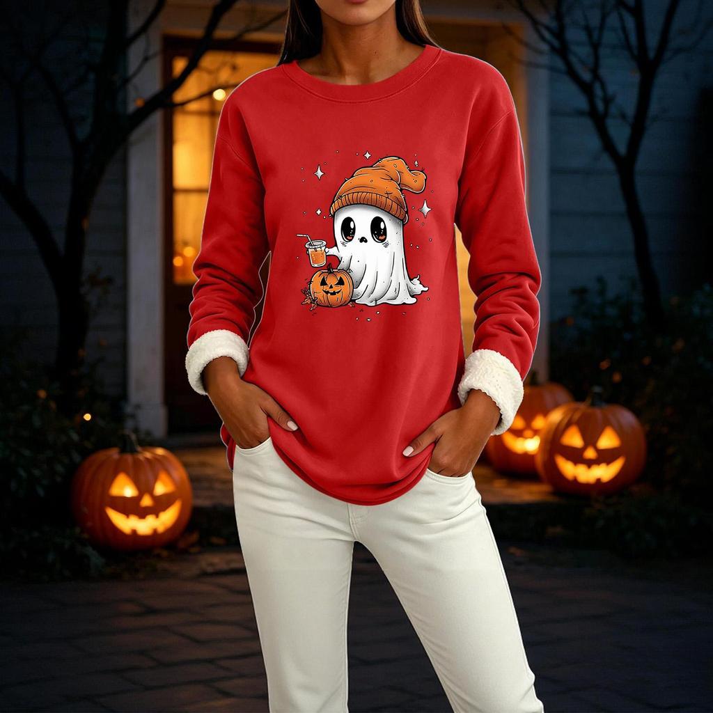 Women's Lined Long Sleeve Round Neck Halloween Print Top for Winter Casual Wear
