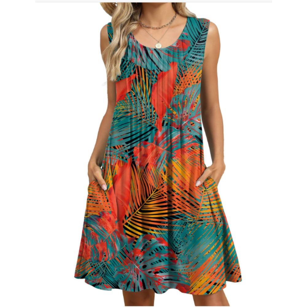 Damen Sommer Neues bedrucktes Tanktop Lockeres Kleid mit Tasche