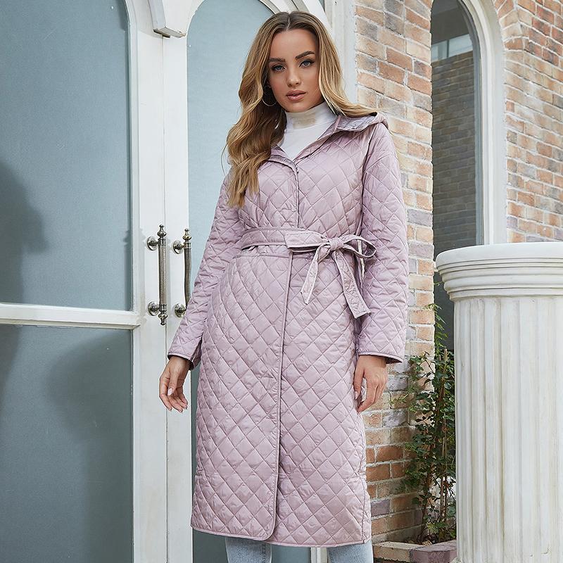 ZIAI Drop Shoulder Hooded Dual Pocket Belted Quilted Coat