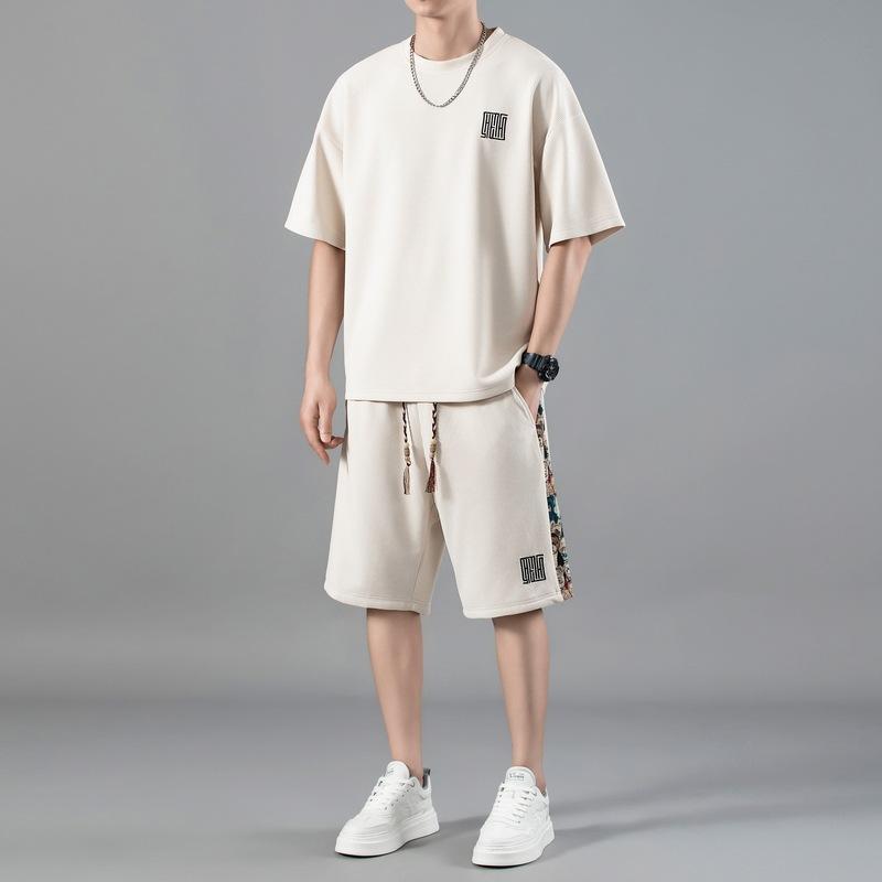 Summer Casual Sports Suit Casual Ice Silk Short Sleeved T-shirt Tracksuit Men Two-piece Set