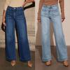 Damen Dunkelblaue Mid-Rise Wide Leg Jeans Mode Stretch Jeansstoff Bequem Weich Klassischer Stil Knopfleiste Jeans Damen