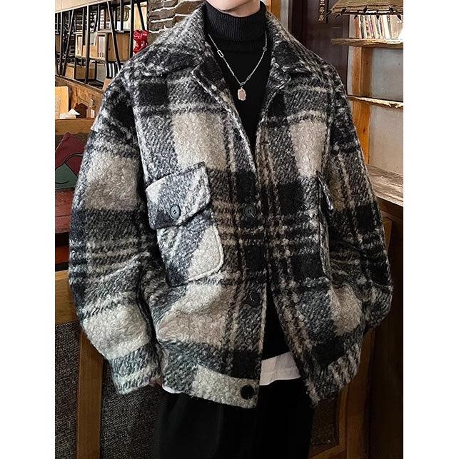 Men's Retro Plaid Wool Coat: Trendy, High-End, Thickened, Warm, Autumn/Winter Casual Jacket