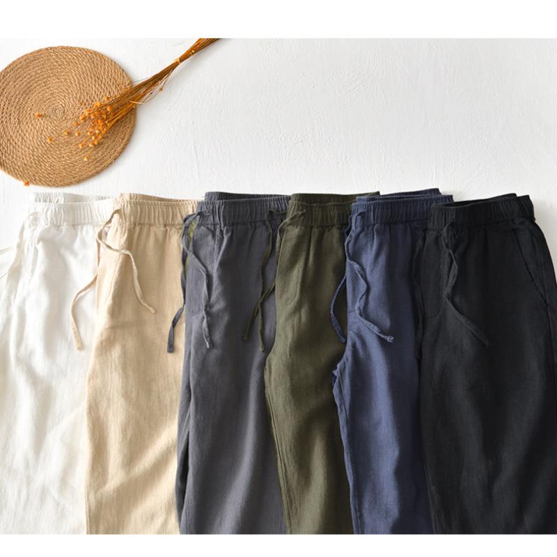 Summer Simple Style Men's Pants Beach Breathable Ramie Cotton Men Trousers Daily Casual Baggy Long Pants Solid Color Drawstring Elastic Waist