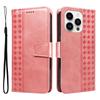 For iPhone 14 Pro Max Leather Case Wallet Stand Grids Imprinted Phone Cover with Strap