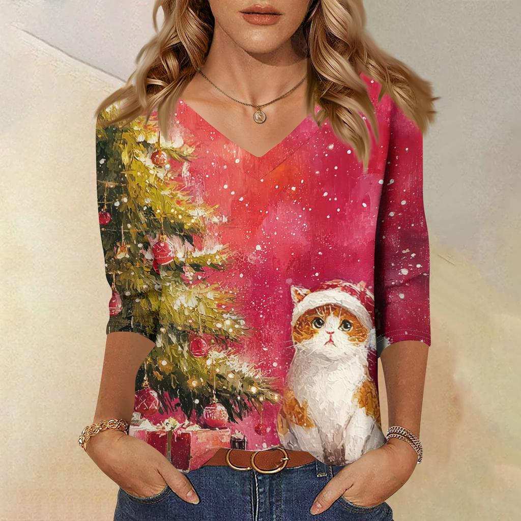 3/4 Sleeve Shirts For Women Print Christmas Tees Blouses Casual Plus Size Basic Tops Pullover