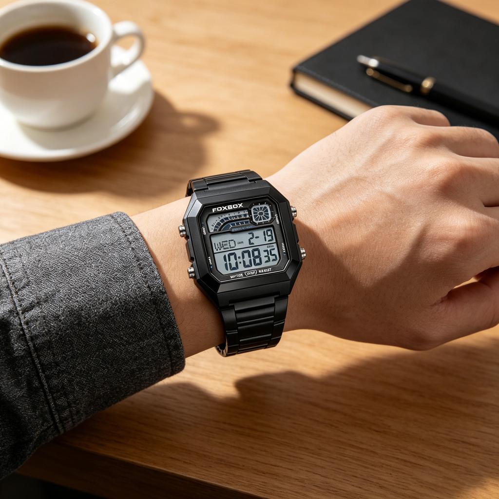FOXBOX Luxury Waterproof Digital Watch for Men Stainless Steel Sports Countdown LED Display Mens Wristwatches Shockproof+Box