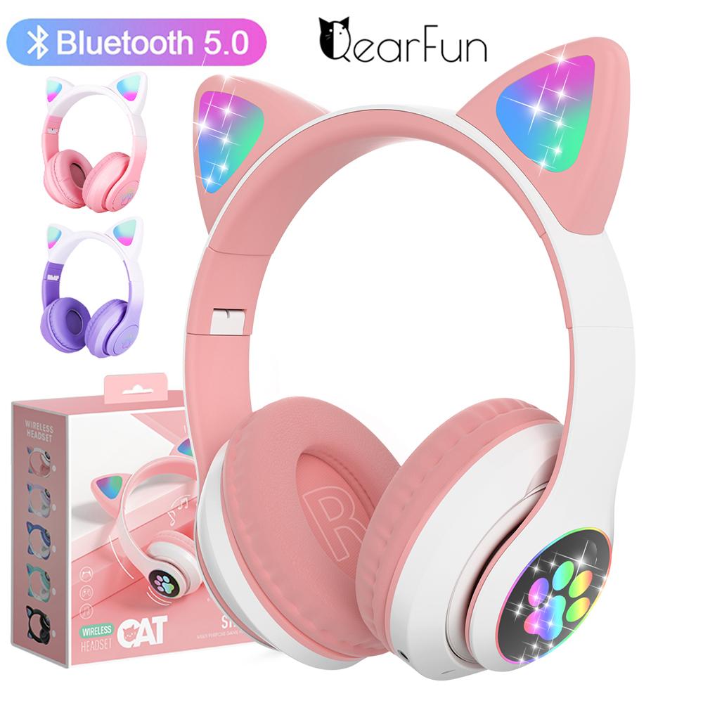 

Наушники с милым котом, Bluetooth для девочек, детские светящиеся беспроводные наушники со встроенным микрофоном, наушники для детей, подарок для детей