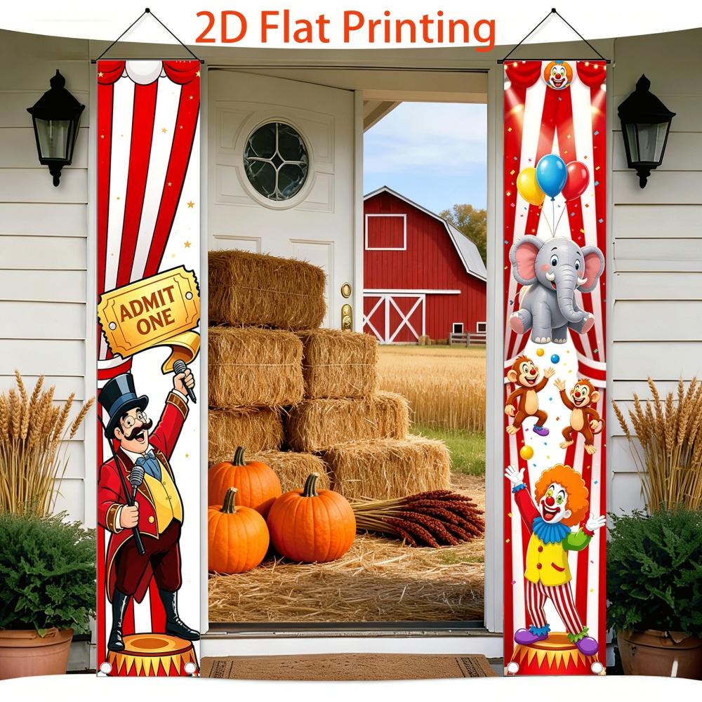 2D Flat, 2pcs Set Cartoon Circus Theme Vertical Couplets: Trainer, Clown, Elephant Wall Hanging. Suitable for Carnival Parties / Amusement Parks / Cir