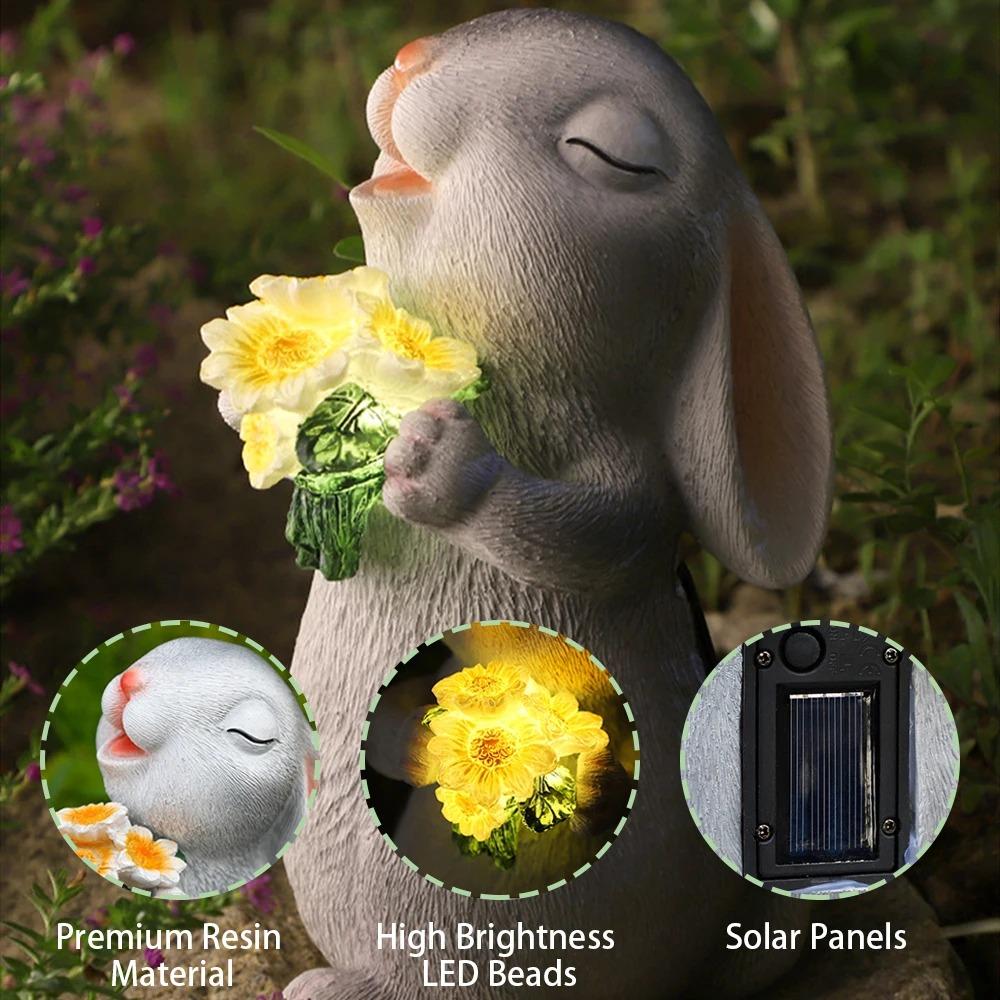 

Солнечный садовый светильник, наружные статуи, кролик с цветами, смоляная фигурка кролика, держащая гриб, со светодиодными лампами для наружного газона