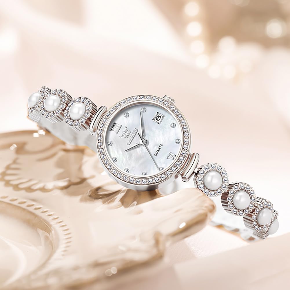 OLEVS Women's Small Watch Waterproof Quartz Analog Fashion White Mother of Pearl Wristwatch Ladies Silver Stainless Steel Band Popular Pearl Bracelet