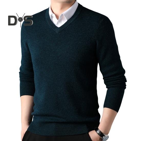 

Осень-зима мужской свитер с V-образным вырезом, трикотажный однотонный эластичный пуловер средней длины, формальный деловой стиль, свитер M чёрный