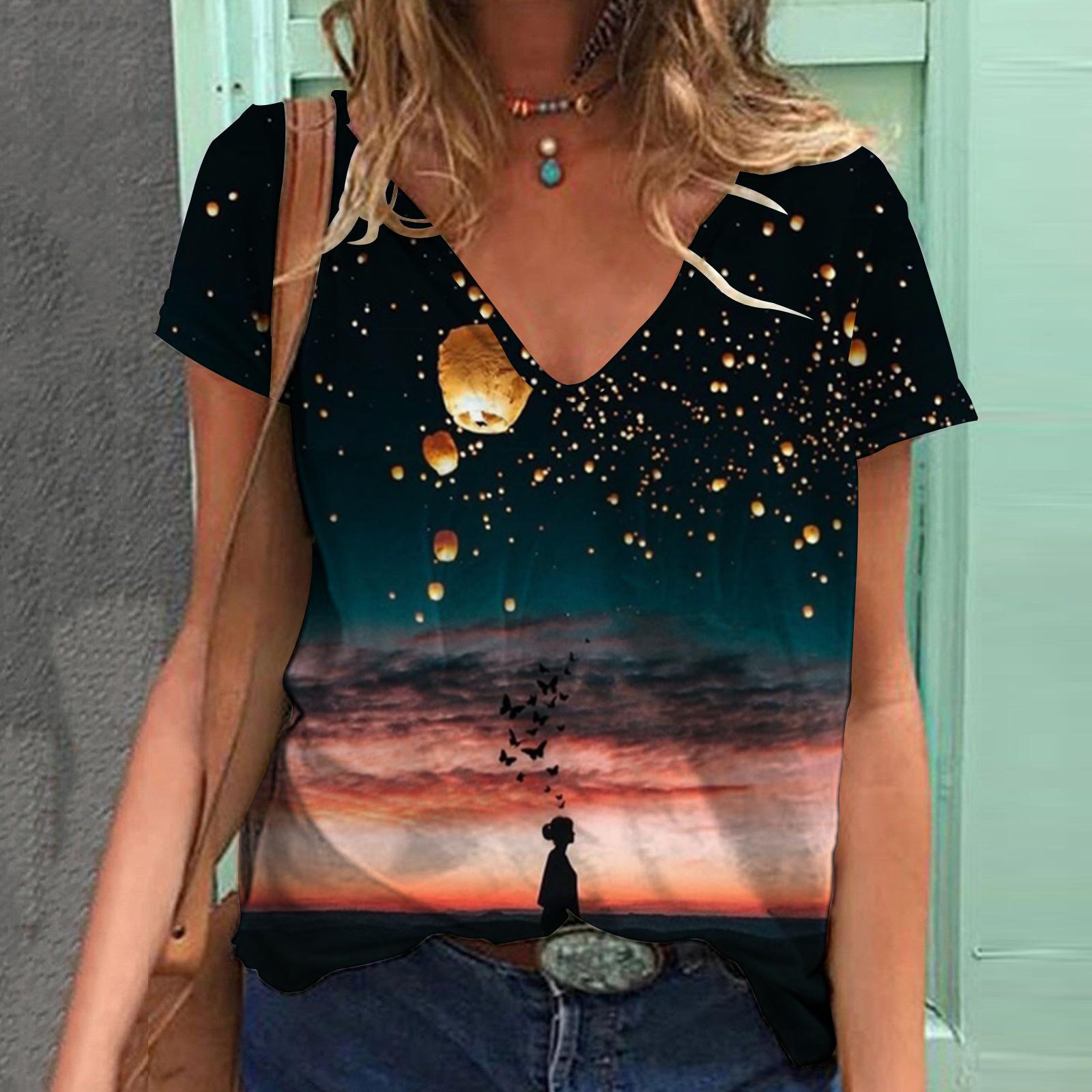 Летняя модная футболка женская контрастная строчка лунный свет цифровой 3D принт топы — фото 5