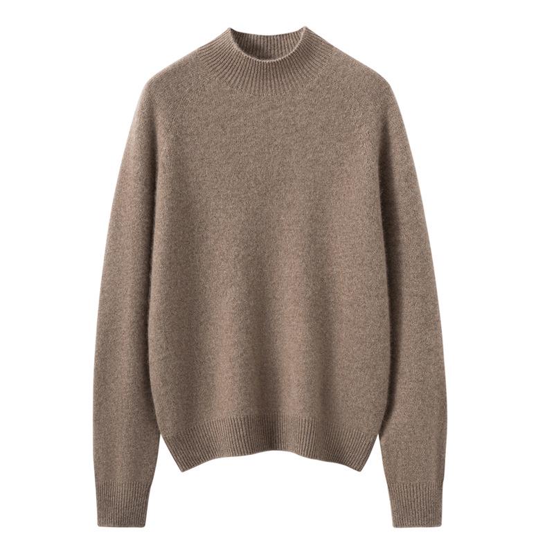 Women's High Neck Solid Color Cashmere Loose Pullover - Long Sleeve Casual Autumn/Winter Knit Sweater