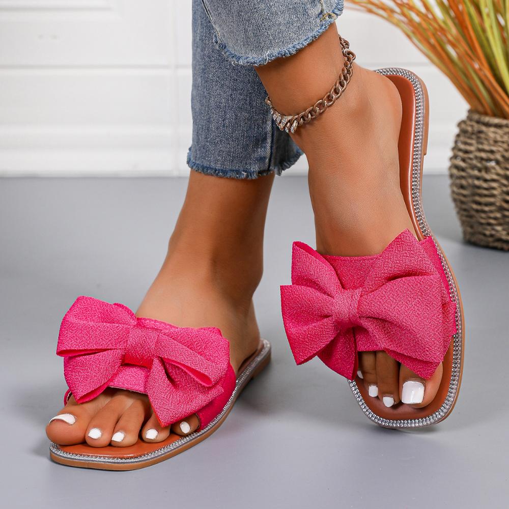 Fashion Women Flats Slippers Summer Fashion Bow Tie Sandals Shoes for Women Flat Square Toe Casual Beach Slippers Slides for Women