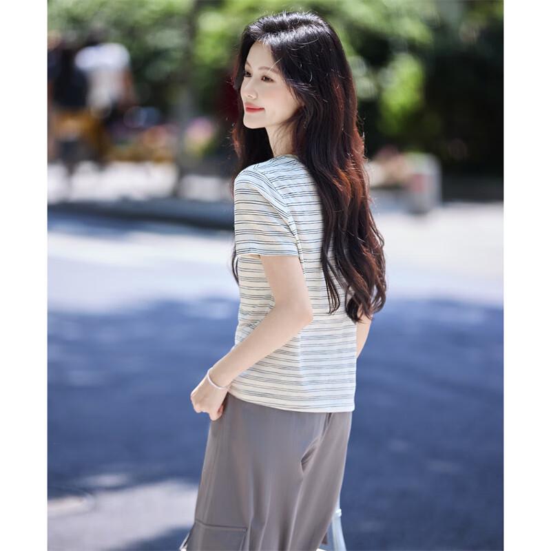Shangjing Women's Simple Striped Short Sleeve T-Shirt