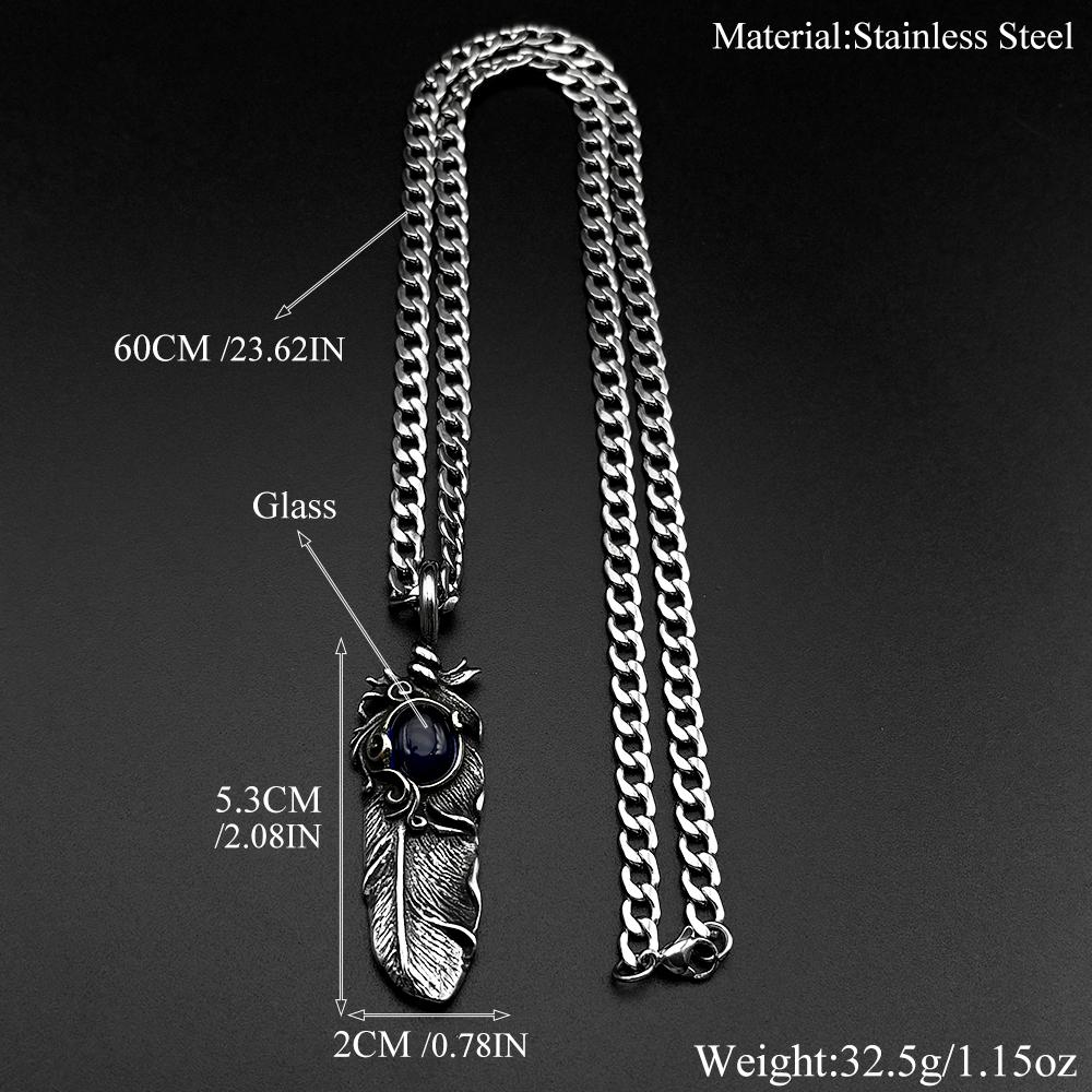 Antiqued Boho Feather Blue Glass Pendant Necklace for Women Men 316L Stainless Steel Chain Silver Color Hip Hop Amulet Jewelry