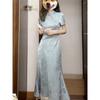 Women's Sweet Blue Modified Qipao Dress, Chinese Style Waist-Slimming Satin Jacquard Midi Dress For Elegant Occasions
