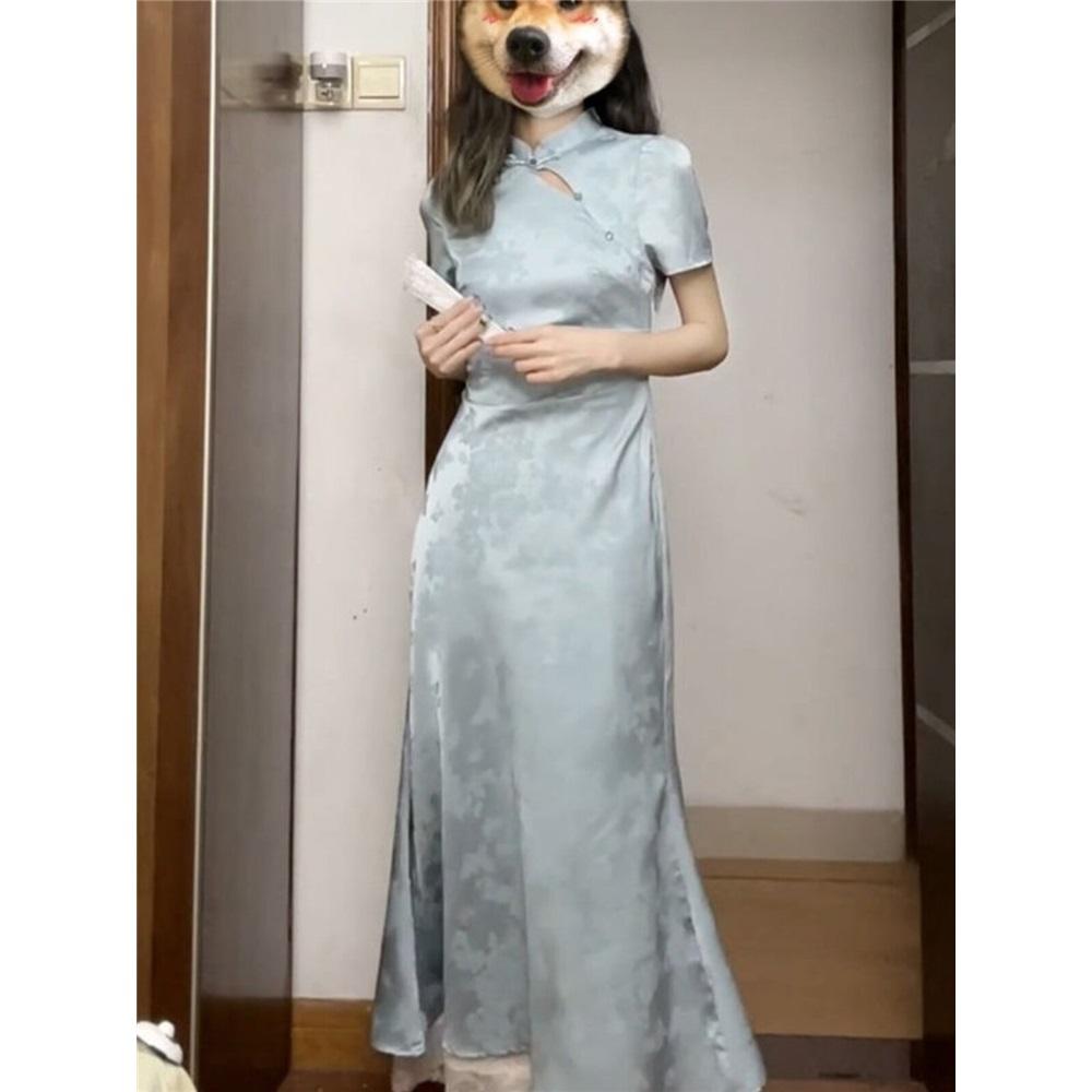 Women's Sweet Blue Modified Qipao Dress, Chinese Style Waist-Slimming Satin Jacquard Midi Dress For Elegant Occasions