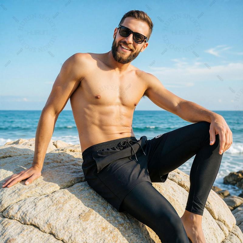Mens Quick-Dry Surf Swim Trunks With Hidden Pocket 9/10 Length High-Elasticity Boardshorts Swimming Diving