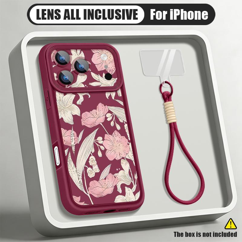 Flowers Fruits Print Lanyard Case For iPhone 18 Pro Max Shockproof Bumper Soft Silicone Cover For iPhone 17 16 15 14 13 Pro Max 17E