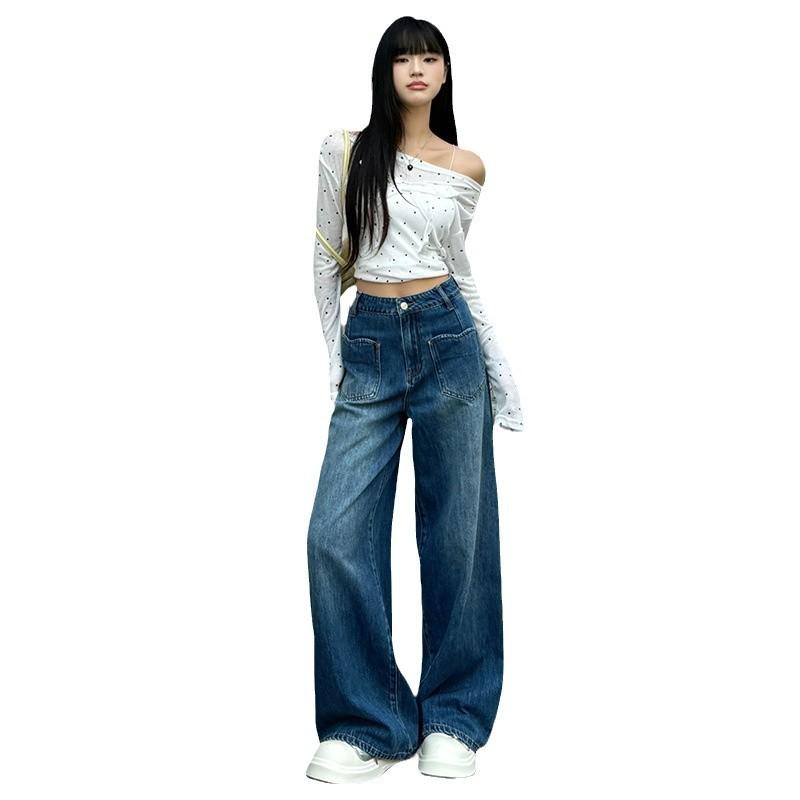 Blue A-shaped wide-leg pants women's loose jeans autumn new high-waisted and thin straight mopping pants tide