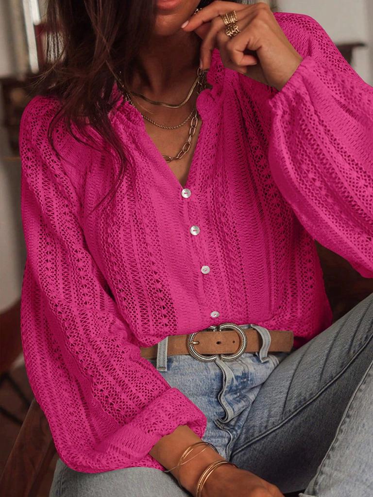 Spring New Loose Fashion Versatile Hollow Lace V-Neck One-Button Pleated Long Sleeve Shirt
