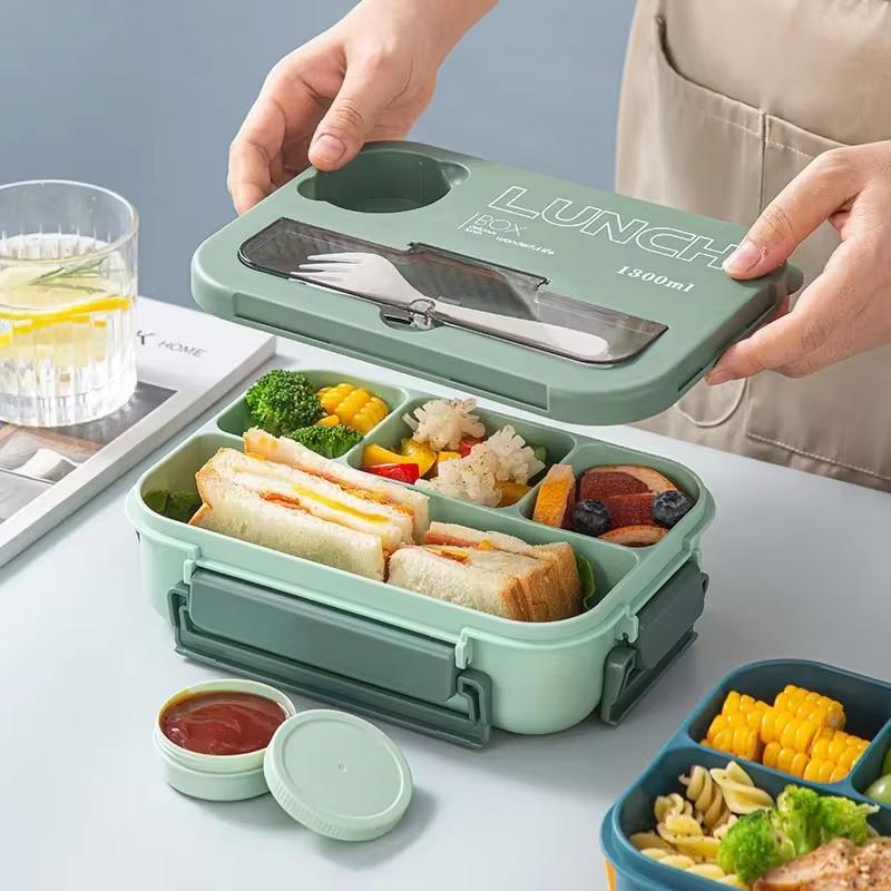 1300ML 4Lunch Box with Tableware Microwavable Dishwasher Cleaning Hermetic Bento Box for Students Adults School Office