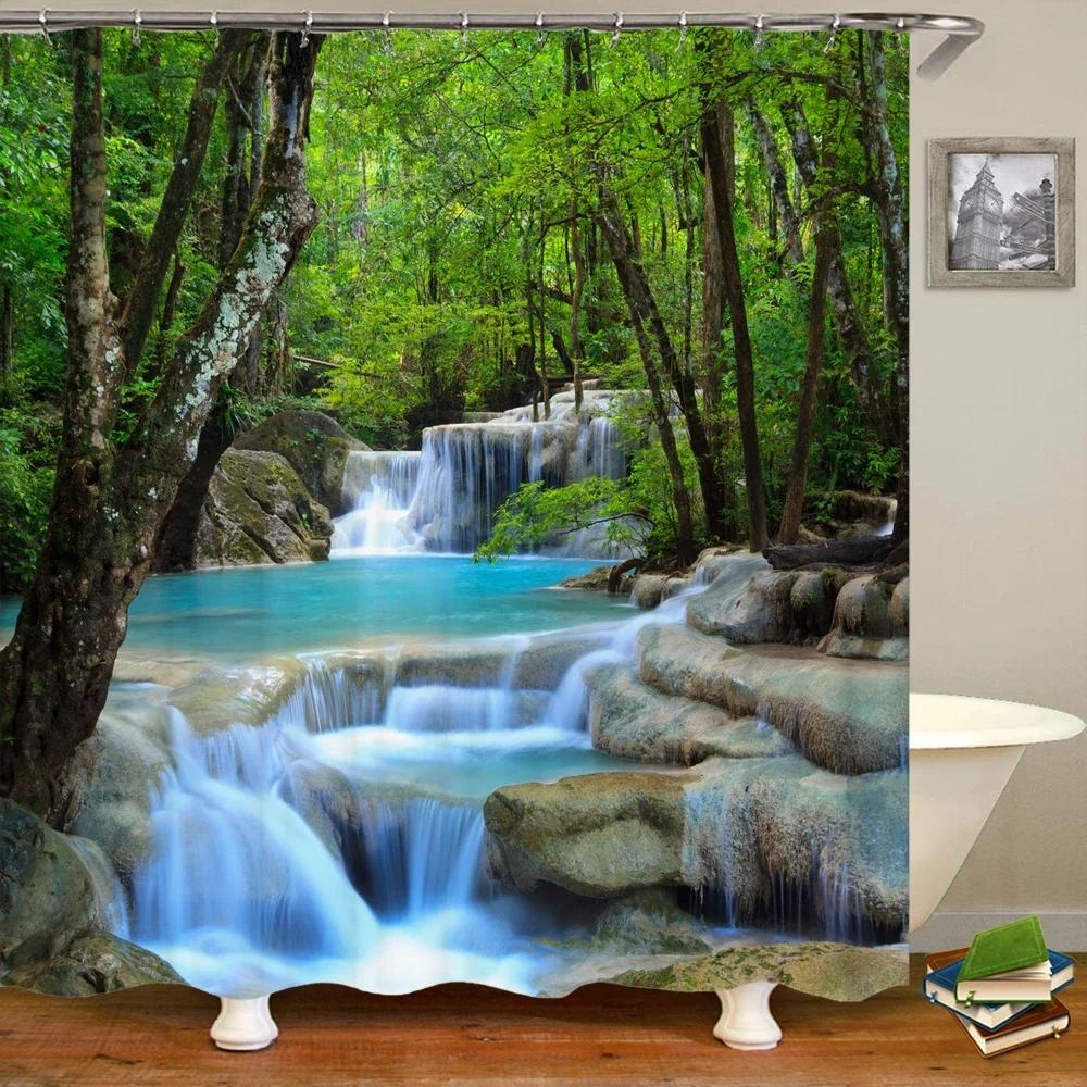 3d Printing Green Forest Waterfall Shower Curtains Waterproof Bathroom Curtain With Hooks Bath Curtain 180*200 Polyester Fabri