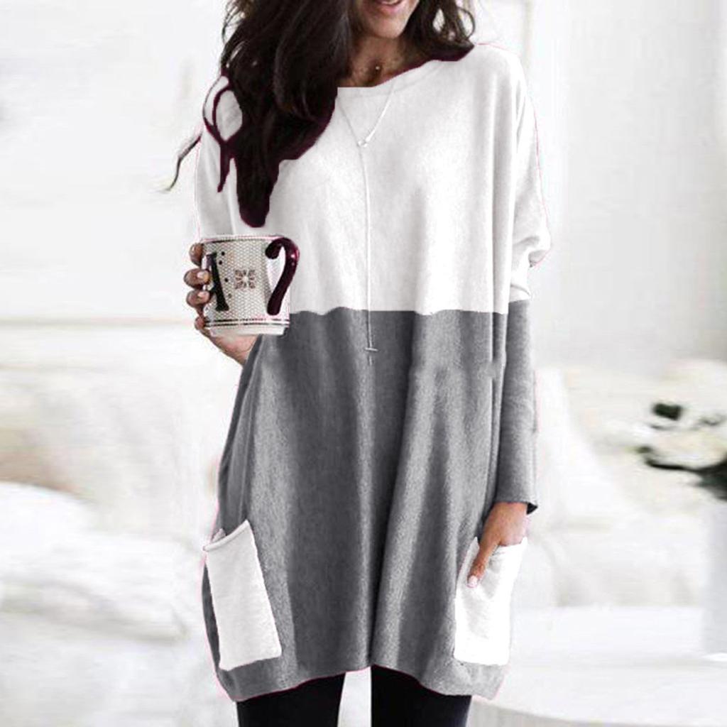 Women Fashion Casual Long Sleeve Patchwork Pockets Loose Tops Blouse