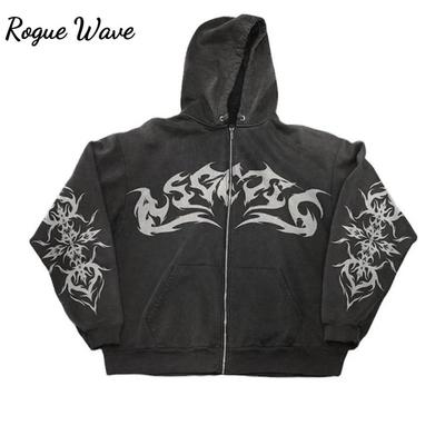 RogueWave Street Retro Clothing Flame Print Oversized Sweatshirt Y2K Gothic Punk Harajuku Casual Top Loose Zipper Hoodie
