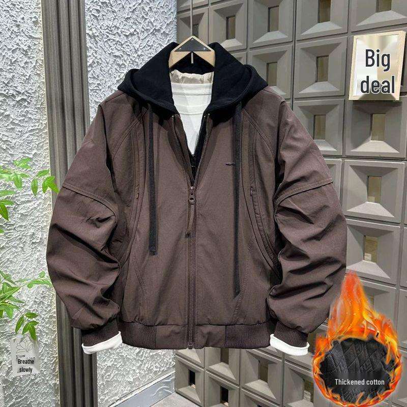 Autumn/Winter Hooded Cotton-Padded Faux Two-Piece Jacket - 2025 Trendy Loose Casual Windbreaker Coat