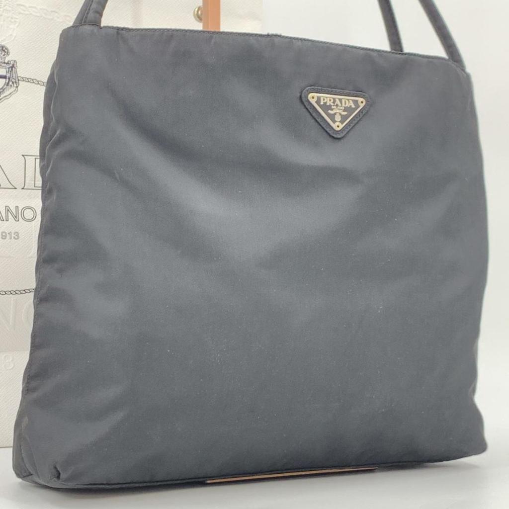 PRADA Tessuto Nylon Handbag Tote Bag Semi One Shoulder Arm Black Triangle Logo Plate Women's White Tag