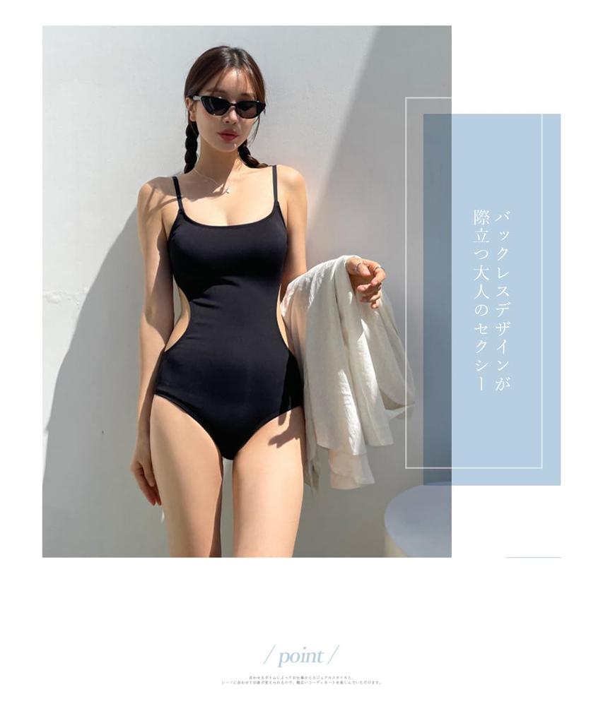 [EnagmourCheripo] Backless One-Piece Swimsuit with Chest Pads, Sexy, Body-Shaping, Solid Color, Lightweight, Sleeveless, Tight Fit, Cute, All-in-One,