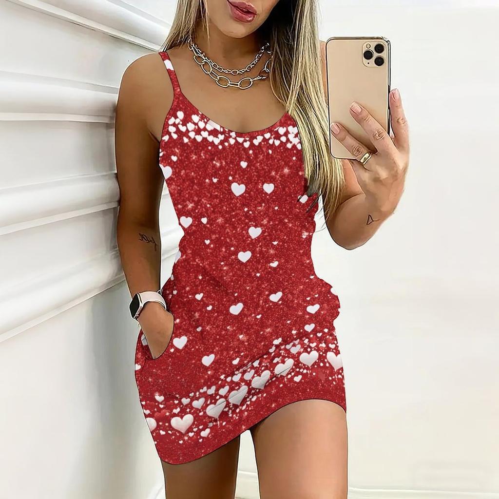 Robe moulante sans manches imprimée motifs cœur, nouvelle collection été, avec poches, sexy, coupe ajustée, élégante, robe de soirée