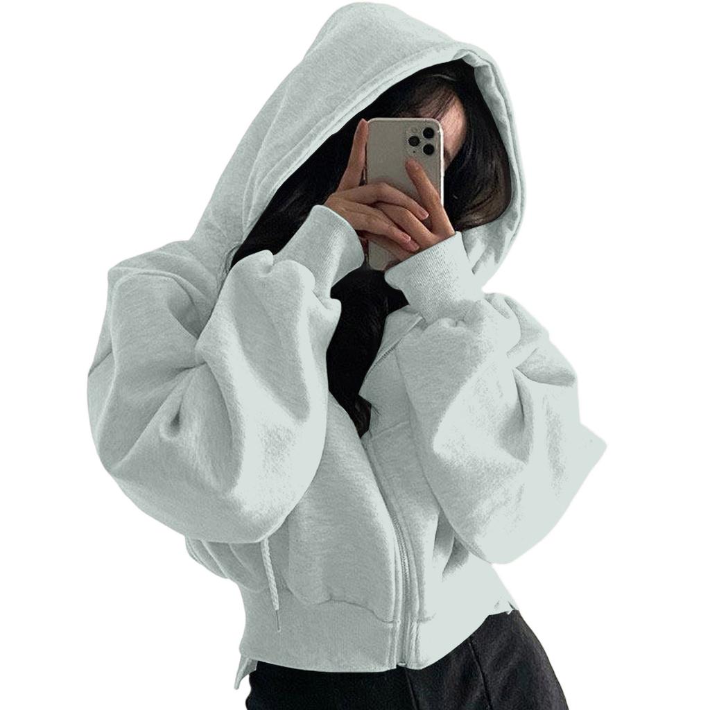 Hanorac cu glugă pentru femei, lejer, casual, culoare solidă, cu fermoar, culoare solidă