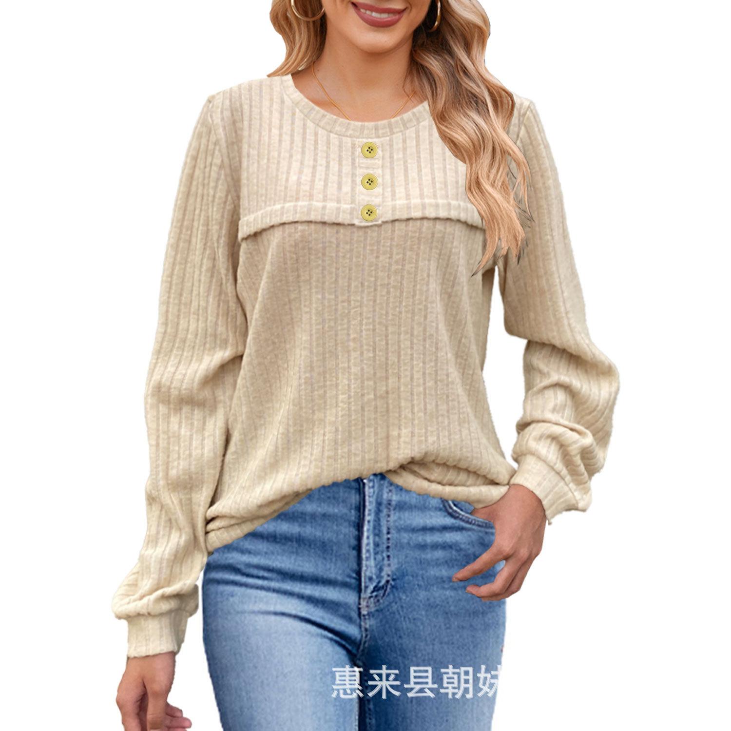 

HNXC Autumn and Winter Frosted Pit Stripe Button Long-sleeved T-shirt Casual Knitted Women s Top Sweaters S абрикосовый