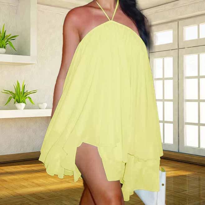 Sexy Women's Halter-neck Irregular Beach Dress with Backless Pure Color Net Fabric Dress