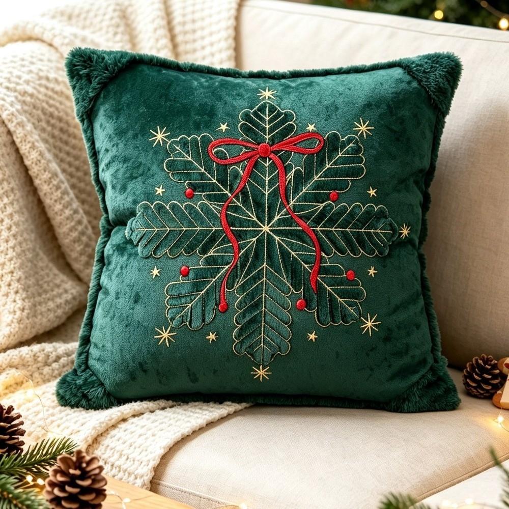 Embroidered Christmas Pillow Cover Soft Square Throw Cushion Cover Bell Bow Snowflake Holiday Cushion Cover Christmas Decor