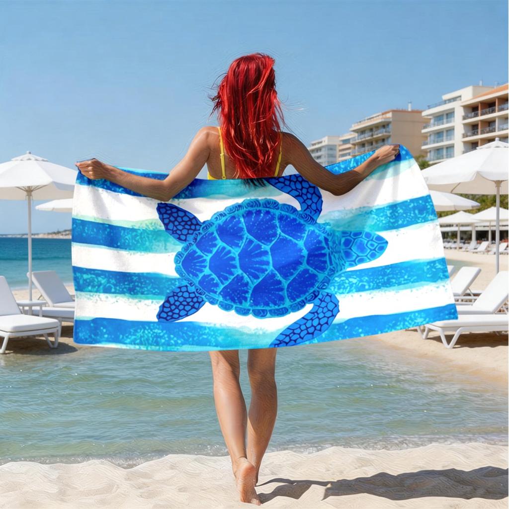 Turtles and striped background polyester microfiber beach towel is highly absorbent, suitable for swimming and beach outings
