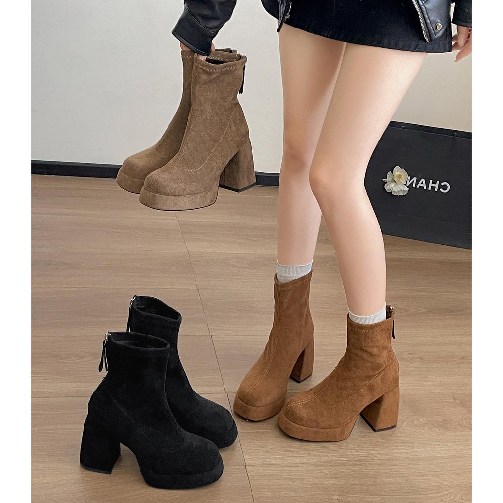 Black British Heightened Thick High-heeled Martin Boots Women's 2025 New Autumn Retro Versatile and Thin Short Boots