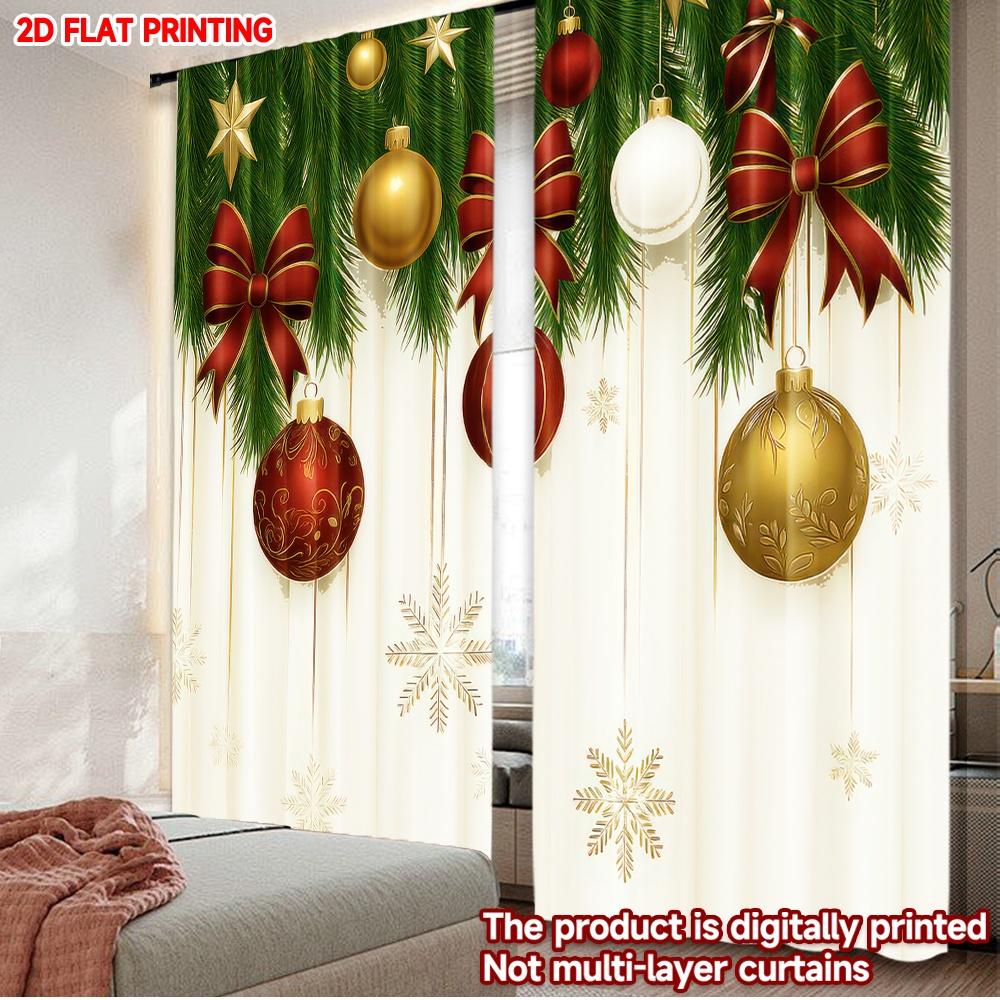 

Flat Printing Christmas Hot Curtains Baubles Bows Digital Printed Polyester Drapes Party Decorations Set Of 2 Made W100*H70(CM)-Rod Pocket&2PCS