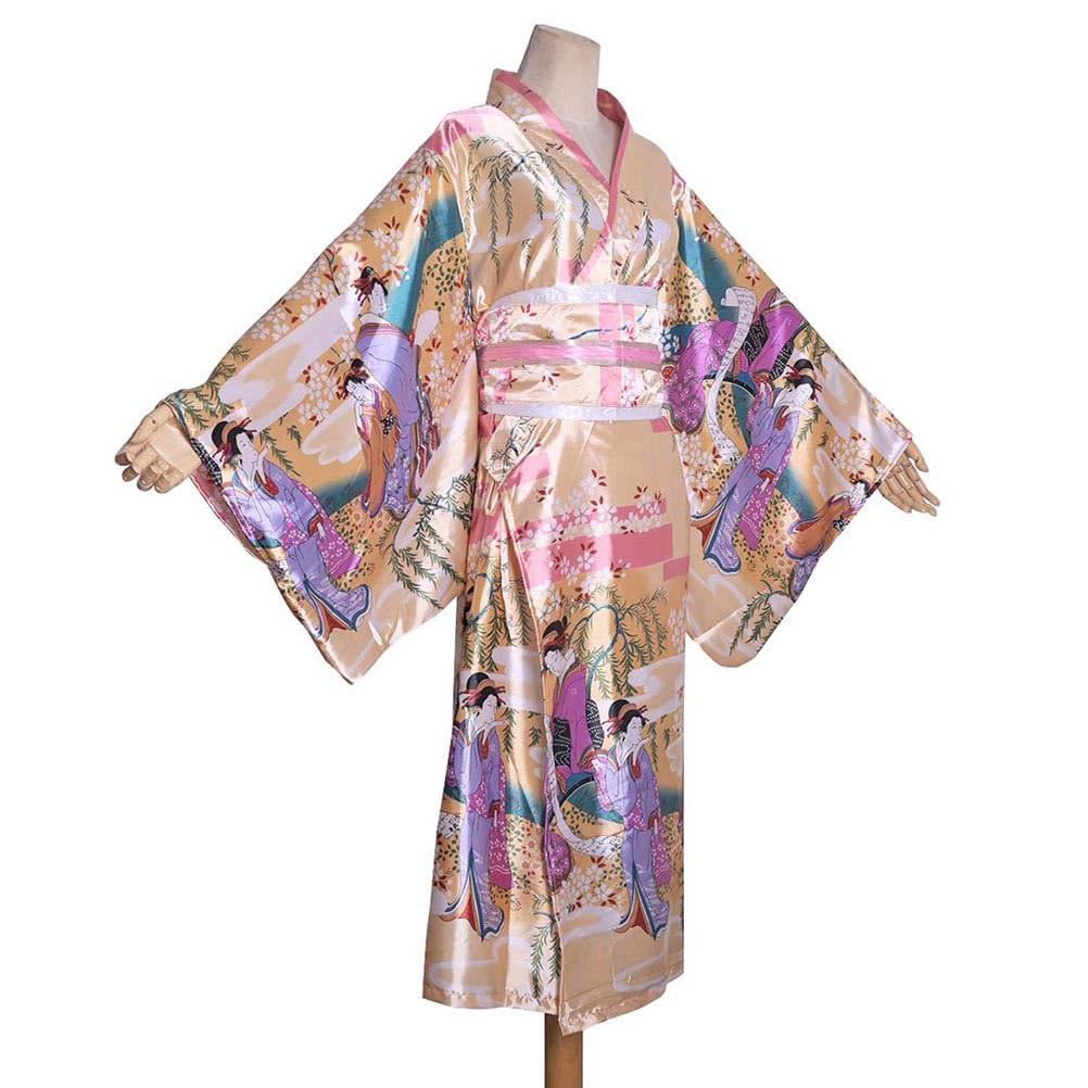 Long Kimono Japanese Stage Costume with Japanese Pattern Women's Dress, Ukiyo-e Style, Yukata, Geisha, Dance, (KL06-Light Gold)