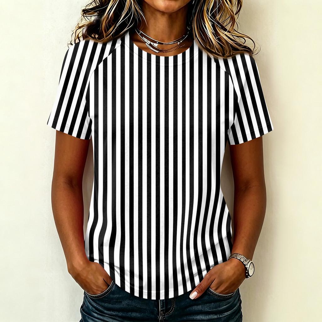 Women's Short Sleeve Raglan Pullover Neck Striped Print Casual Summer Fashionable Blouse Tunic Top for Women Everyday Outfit